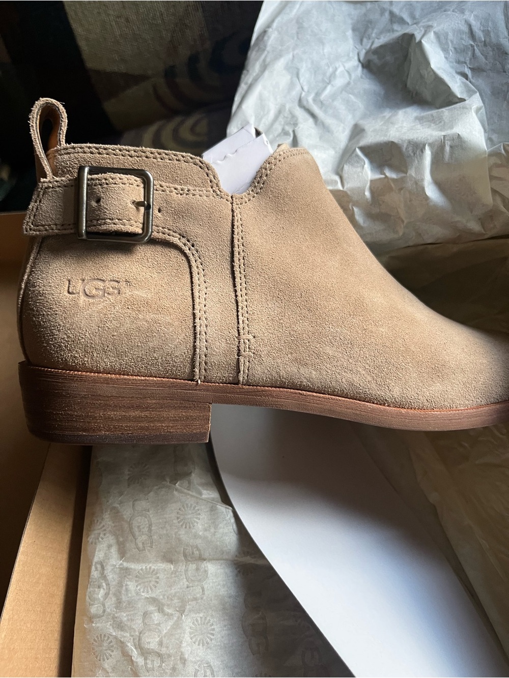 UGG Women's Tan Suede Ankle Bootie with Buckle Detail